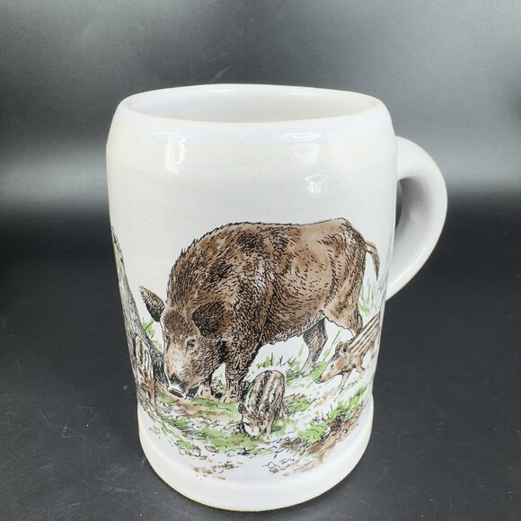 Vintage West Germany Stoneware Pottery Large Coffee Mug Cup Wild Board Scene VTG - Picture 10 of 15